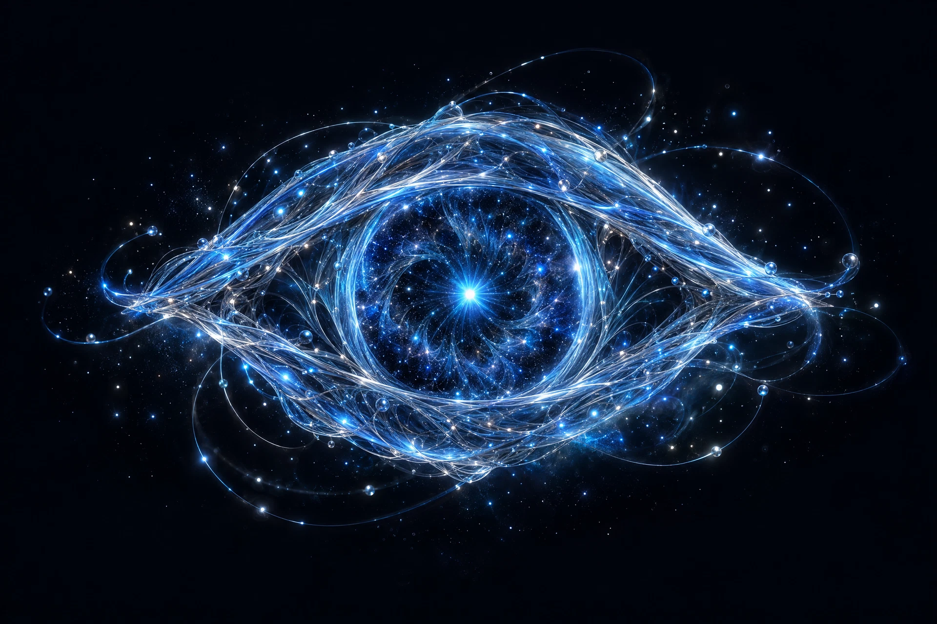 Conceptual eye woven from luminous neural threads