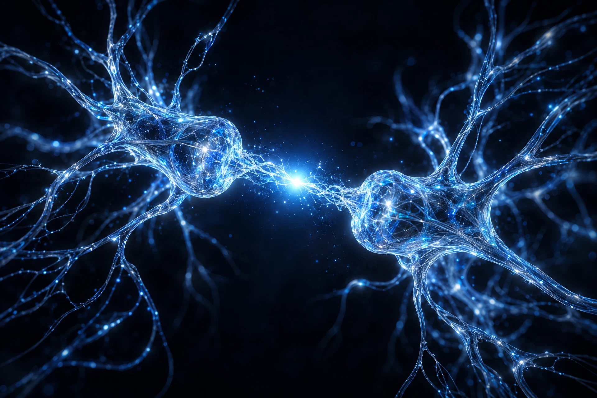 Conceptual luminous synapse: light crossing the gap between neural threads